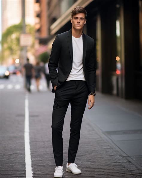 black suit white sneakers.